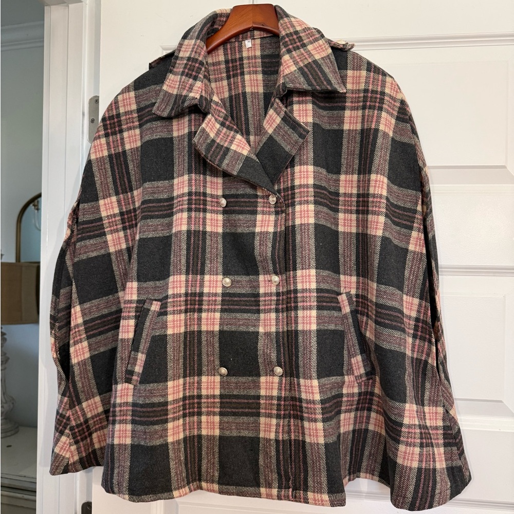 Plaid Double-Breasted Wool Blend Jacket - Pink & Gray